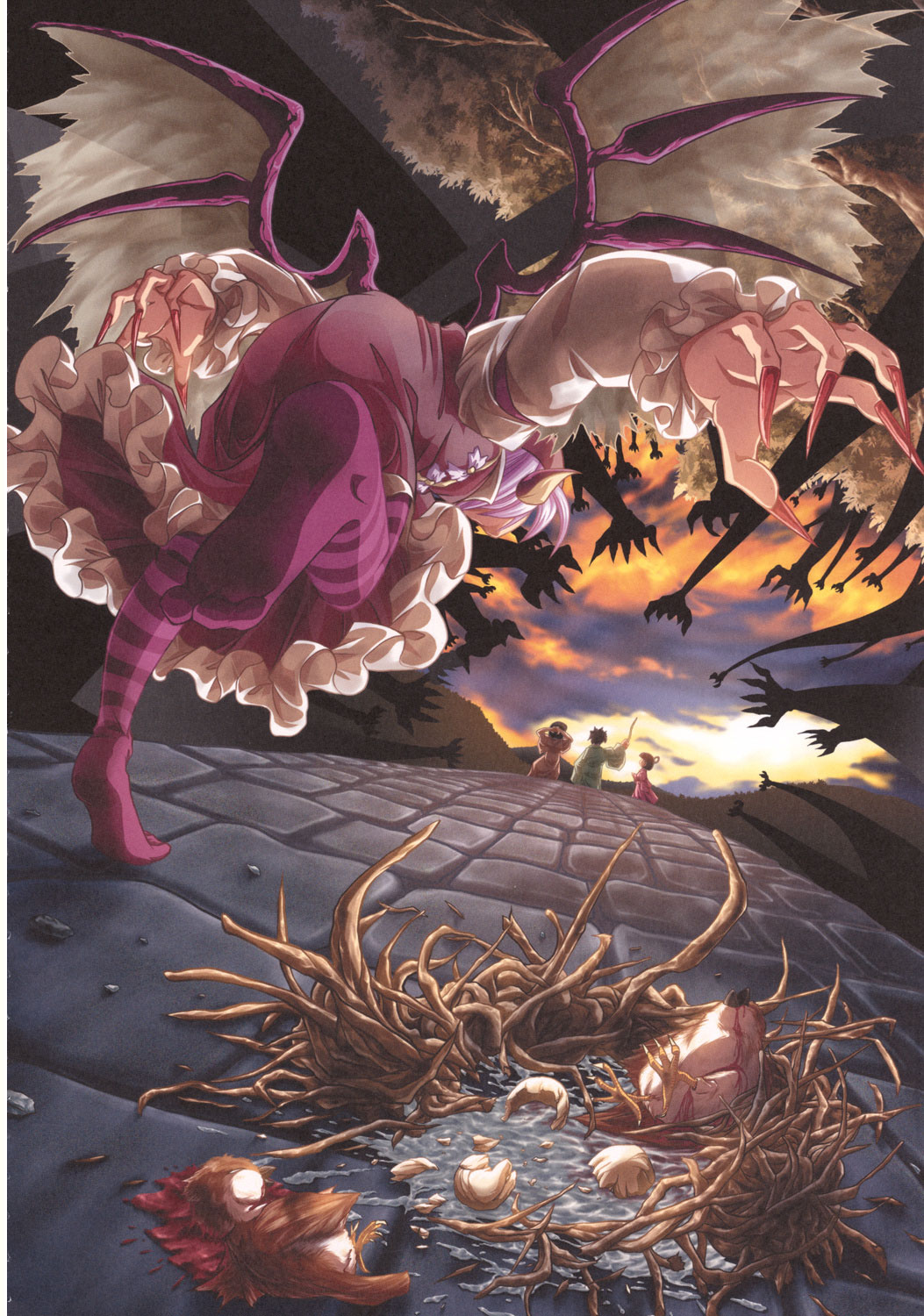 1girl, amamizu_(myofuu_kai), angry, bat_wings, bent_over, bird, blood, child