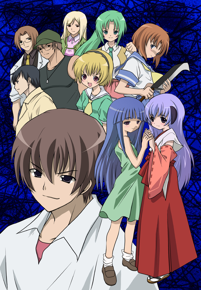 4boys, 6+girls, akasaka_mamoru, billhook, black_hair, blonde_hair, blue_eyes, blue_hair, blush, brown_hair, detached_sleeves, dress, everyone, furude_rika, glasses, green_eyes, green_hair, green_skirt, hand_holding, hanyuu, hat, hatchet, headband, higurashi_no_naku_koro_ni, houjou_satoko, irie_kyousuke, kazuki_kiyoto, long_hair, maebara_keiichi, multiple_boys, multiple_girls, necktie, open_mouth, orange_hair, purple_hair, red_eyes, red_hakama, ryuuguu_rena, short_hair, skirt, sonozaki_mion, takano_miyo, tomitake_jirou, violet_eyes