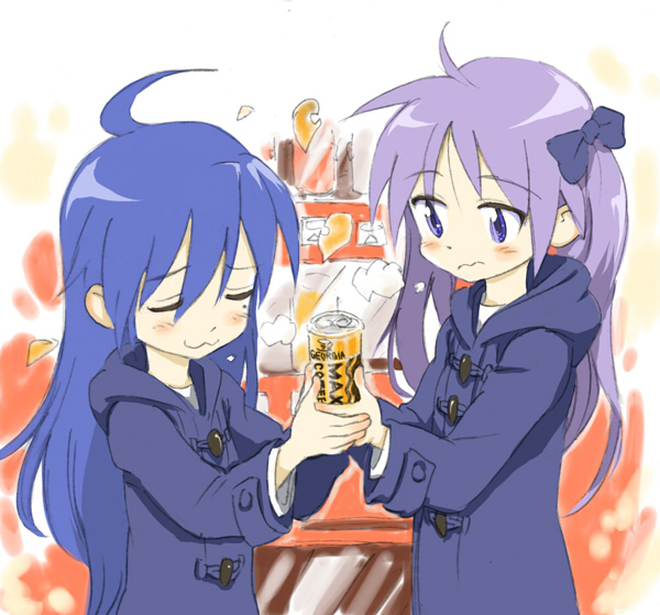 ahoge, blue_eyes, blue_hair, can, cans, closed_eyes, coffee, hand_holding