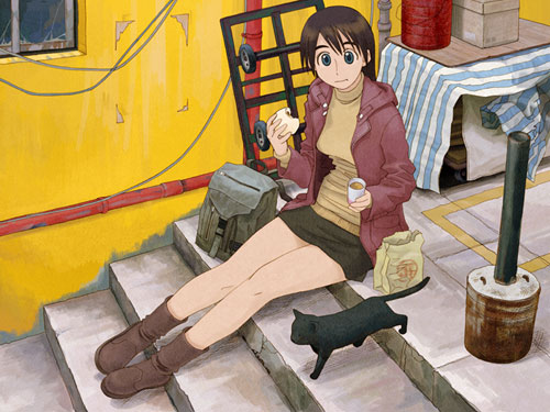 afternoon_(magazine), azuma_kiyohiko, bag, brown_hair, cat, cup, eating, food