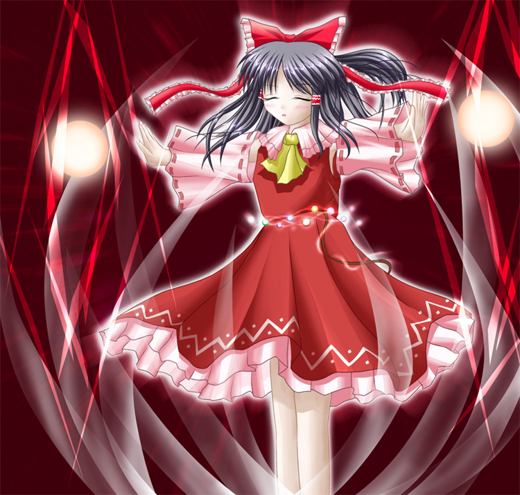 1girl, ascot, black_hair, bow, closed_eyes, desuno, detached_sleeves, eyebrows