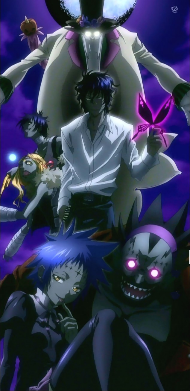 1girl, 5boys, animal, belt, black_hair, blue_hair, buckle, butterfly, closed_mouth, collared_shirt, d.gray-man, dark, devit, formal, glowing, glowing_eyes, highres, insect, jasdero, looking_at_viewer, millenium_earl, millennium_earl, multiple_boys, open_mouth, pale_skin, pants, pink_eyes, road_kamelot, sharp_teeth, shirt, short_sleeves, skinn_bolic, smirk, suit, teeth, tyki_mikk, white_shirt
