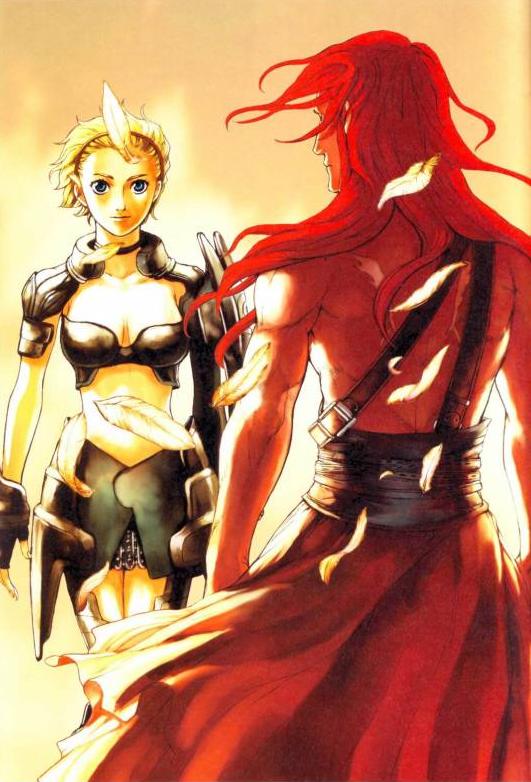1boy, 1girl, apollonius, aquarion_(series), arms_at_sides, belt, blonde_hair, breasts