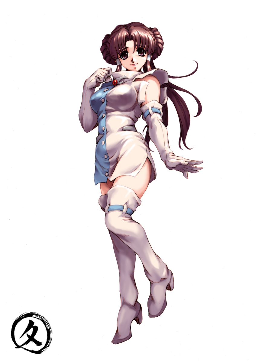 1girl, bangs, banpresto, bare_shoulders, belt, boots, brown_hair, buttons, clenched_hand, double_bun, dress, elbow_gloves, gem, gloves, hair_bun, hair_tubes, high_heels, highres, hisahiko, leg_lift, lipstick, long_hair, looking_at_viewer, makeup, minaki_tomine, parted_bangs, ponytail, shoes, short_dress, side_slit, sidelocks, simple_background, smile, solo, standing, standing_on_one_leg, strap, super_robot_wars, the_3rd_super_robot_wars_alpha, thigh-highs, thigh_boots, turtleneck, violet_eyes, white_background, white_legwear, zettai_ryouiki