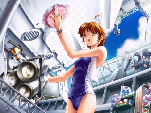 armpits, brown_eyes, brown_hair, cleaning, cloud, flat_chest, game_cg, kisaragi_yuumi, mecha, min-naraken, one-piece_swimsuit, open_mouth, outdoors, school_swimsuit, see_in_ao, short_hair, sky, smile, soap, solo, sponge, standing, swimsuit, towel, towel_on_shoulders, washing, watch, wet, wristwatch
