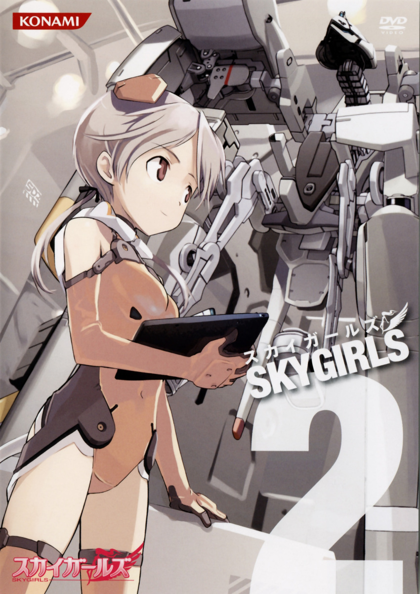 1girl, bangs, bare_shoulders, breasts, ceiling, copyright_name, cover, cover_page, covered_navel, cowboy_shot, dvd_cover, elbow_gloves, flat_chest, from_below, from_side, gloves, hair_ribbon, halterneck, headgear, highres, holding, leotard, light_smile, logo, looking_to_the_side, low_twintails, mecha, motionslit, number, official_art, orange_gloves, orange_legwear, parted_bangs, pilot_suit, ribbon, scan, shimada_fumikane, short_twintails, silhouette, silver_hair, sky_girls, small_breasts, smile, solo, sonic_diver, sonic_diver_fu-jin, sonomiya_karen, thigh-highs, turtleneck, twintails, violet_eyes
