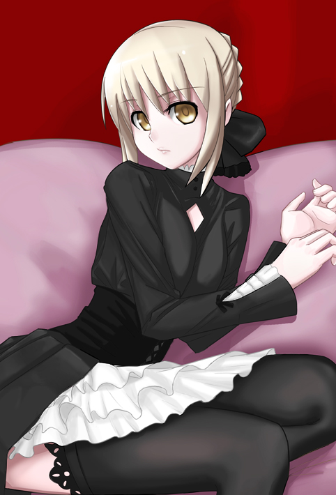 1girl, black_legwear, dress, fate/stay_night, fate_(series), gothic_lolita, lolita_fashion, saber