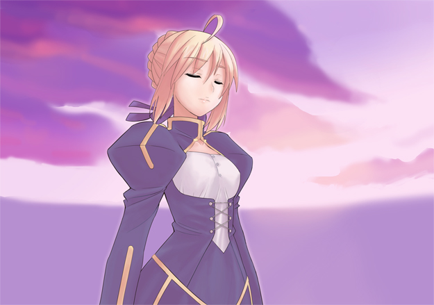 1girl, ahoge, blonde_hair, blue_dress, braid, closed_eyes, clouds, collarbone