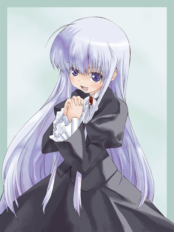 1girl, :d, anzelotte, black_dress, blue_background, brooch, cowboy_shot, dress