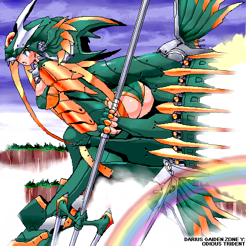 1girl, aliasing, breasts, clouds, darius, darius_gaiden, large_breasts, leaning_forward, lowres, mecha_musume, outdoors, rainbow, sky, solo, trident, yone88, yonezuka_ryou