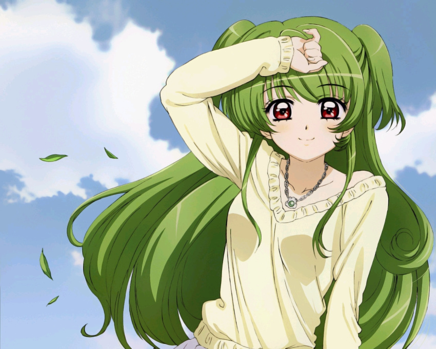 clouds, green_hair, inukami!, jewelry, long_hair, necklace, outdoors, red_eyes