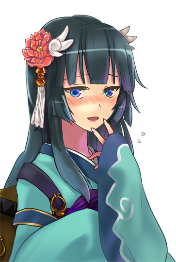 1girl, black_hair, blue_eyes, blush, flower, hair_flower, hair_ornament, japanese_clothes