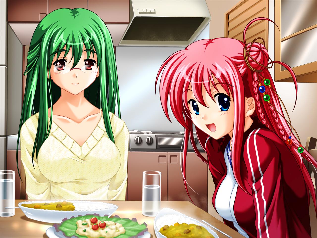 2girls, beads, blue_eyes, braid, breasts, curry, food, game_cg