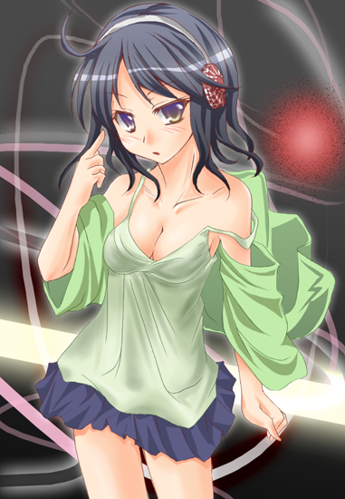 1girl, anti, black_hair, breasts, camisole, headphones, miniskirt, original