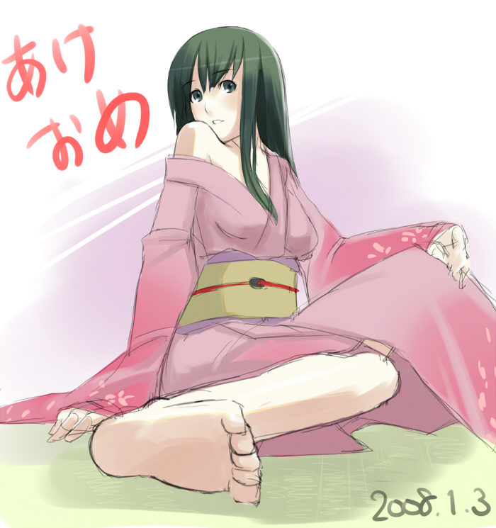 00s, 1girl, 2008, akeome, arm_support, bangs, bare_shoulders, barefoot