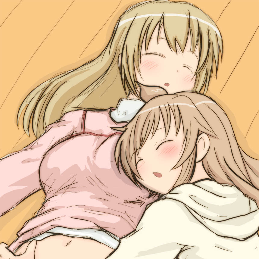 2girls, ahoge, breast_pillow, brown_hair, closed_eyes, long_hair, minami-ke, minami_chiaki