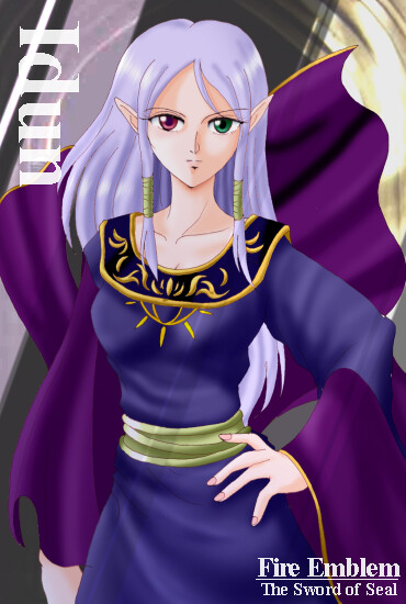 1girl, character_name, copyright_name, fire_emblem, fire_emblem:_fuuin_no_tsurugi, hand_on_hip, heterochromia, hips