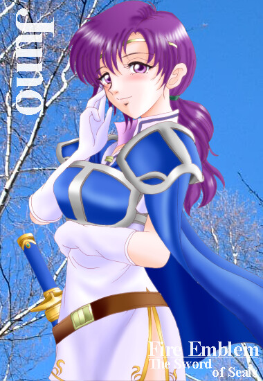 1girl, armor, cape, character_name, copyright_name, fire_emblem, fire_emblem:_fuuin_no_tsurugi, gloves, hissaa_(starlight_express), long_hair, ponytail, purple_hair, solo, starlight_express, sword, violet_eyes, weapon, yuno_(fire_emblem)