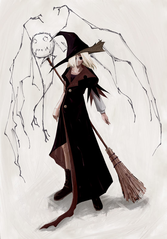 1girl, asymmetrical_clothes, black_eyes, blonde_hair, boots, broom, hair_over_one_eye, hat, long_coat, original, solo, transient, white_background, wings, witch, witch_hat