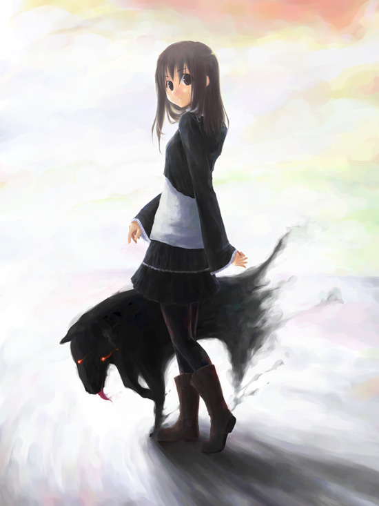 1girl, black_legwear, boots, brown_hair, dog, original, pantyhose, solo