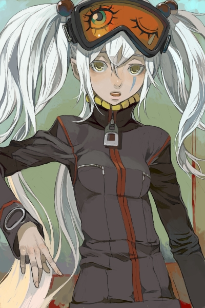 1girl, eyes, facepaint, facial_mark, fakepucco, goggles, jacket, karas, long_hair, one_eye_closed, open_mouth, silver_hair, solo, tears, twintails, very_long_hair, white_hair, wink, yellow_eyes, yurine, yurine_(karas), zipper