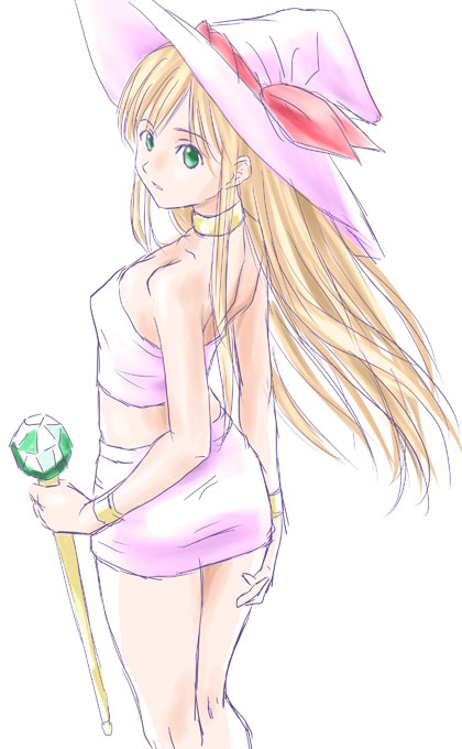 1girl, blonde_hair, bracelet, bucho, choker, green_eyes, hat, jewelry
