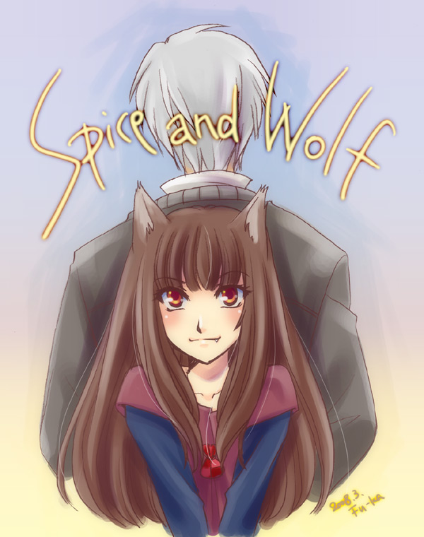 brown_eyes, brown_hair, craft_lawrence, fang, fu-ka, height_difference, holo, kazabana