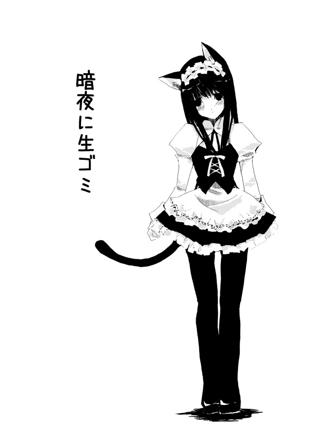 1girl, animal_ears, blush, cat_ears, ganges_gawa, ganges_river, maid, monochrome, pantyhose, solo