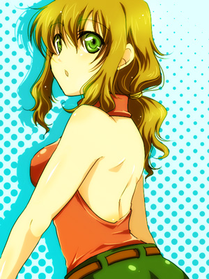 1girl, :o, bare_shoulders, belt, brown_hair, christina_sierra, green_eyes, gundam