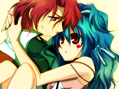 1boy, 1girl, alfimi, axel_almer, banpresto, blue_hair, carrying, facial_mark