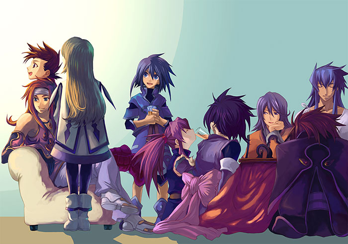 4girls, 5boys, akiyoshi_haru, collet_brunel, everyone, genius_sage, kotatsu, kratos_aurion