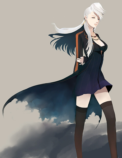 black_legwear, black_thighhighs, chou_shittou_caduceus, jewelry, mira_kimishima, necklace, pompadour, short_dress, silver_hair, thigh-highs, thighhighs, trauma_center, weaver_nozomi