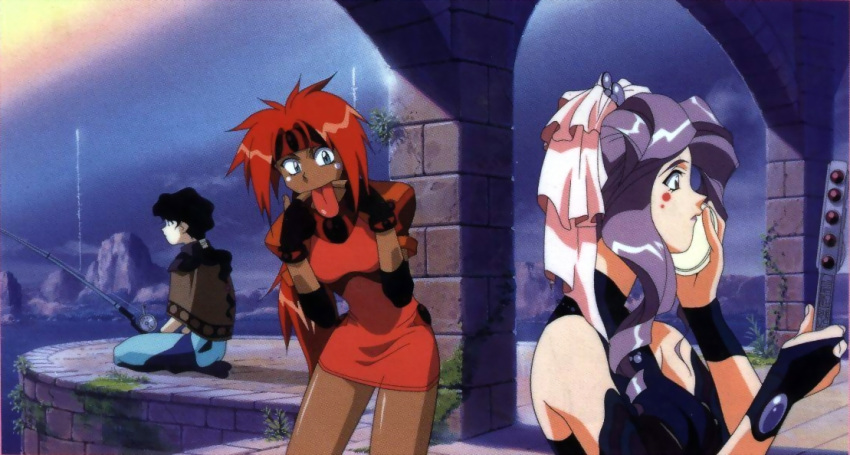 3girls, 90s, :p, afura_mann, black_hair, dark_skin, dress, el_hazard