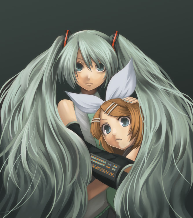 2girls, fujipo, green_hair, hatsune_miku, hug, kagamine_rin, long_hair, multiple_girls
