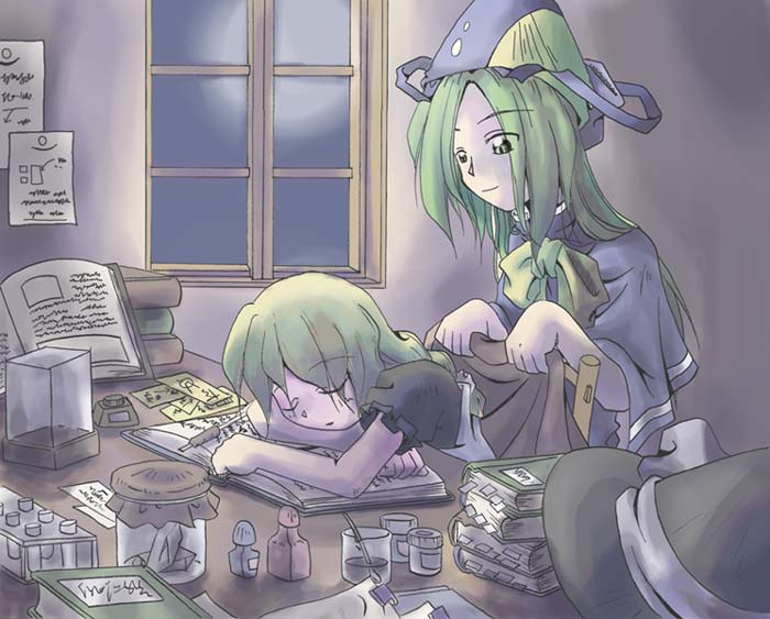 2girls, blonde_hair, book, female, green_hair, hat, jar, kirisame_marisa