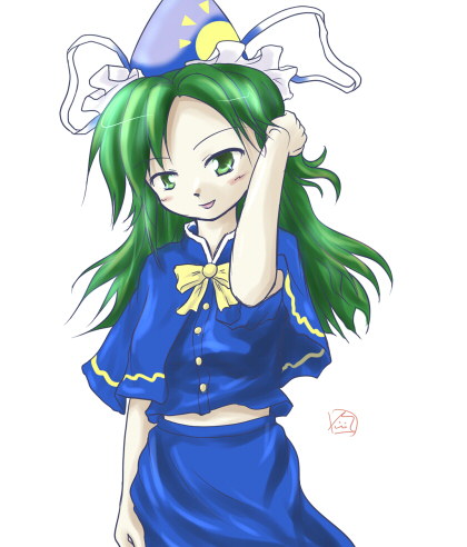 1girl, blue_jacket, blue_skirt, female, green_eyes, green_hair, hand_behind_head, hat