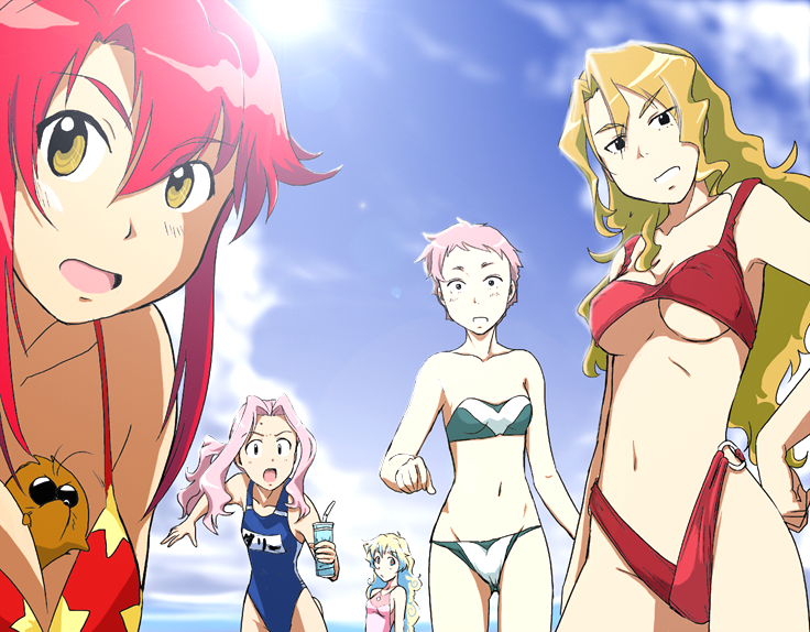 5girls, animal, animal_between_breasts, beach, between_breasts, bikini, blonde_hair, boota