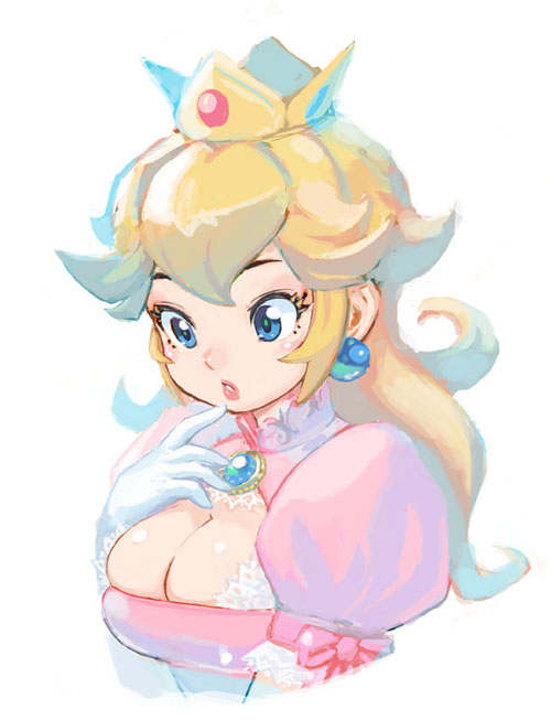 1girl, blonde_hair, blue_eyes, breasts, cleavage, crown, earrings, gloves, jewelry, long_hair, muuten, nintendo, princess_peach, simple_background, solo, super_mario_bros.