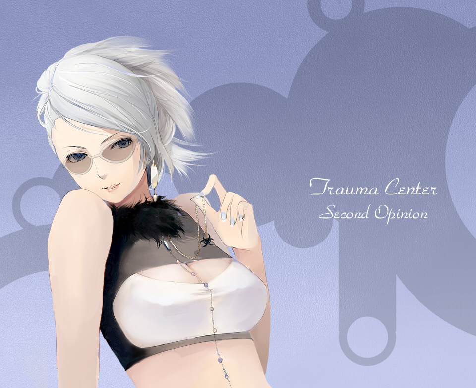 bare_shoulders, biohazard_symbol, blue_eyes, breasts, chou_shittou_caduceus, cleavage, earrings, fur