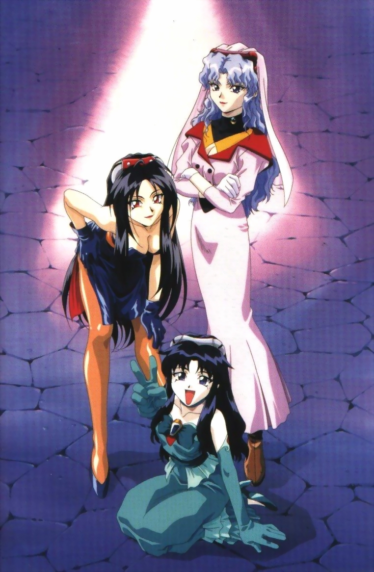 3girls, 90s, bent_over, black_hair, blue_eyes, blue_hair, breasts, cleavage, crossed_arms, dress, el_hazard, elbow_gloves, gloves, headdress, high_heels, ifurita, ifurita_tv, lipstick, long_hair, makeup, multiple_girls, myuun, pantyhose, red_eyes, shoes, silver_hair, smile, v