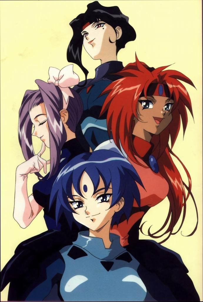 4girls, 90s, afura_mann, black_hair, blue_eyes, blue_hair, bow, closed_eyes, dress, el_hazard, facepaint, hair_bow, hairband, ishiel_soelu, looking_at_viewer, miz_mishtal, mole, mole_under_eye, multiple_girls, purple_hair, redhead, shayla-shayla, short_hair, smile, upper_body, yellow_background