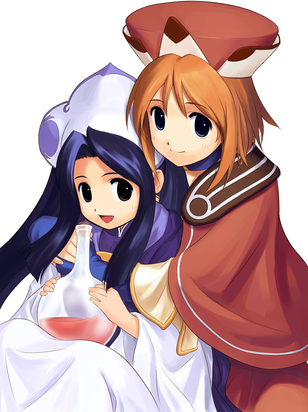 2girls, :d, alchemy, atelier_(series), atelier_iris, atelier_iris_2, atelier_iris_eternal_mana_2, beret, blue_eyes, brown_hair, capelet, closed_mouth, dress, female, glass, gust, hat, highres, iris_blanchimont, liquid, long_sleeves, looking_at_viewer, multiple_girls, open_mouth, ouse_kohime, short_hair, simple_background, smile, viese_blanchimont, white_background, white_dress