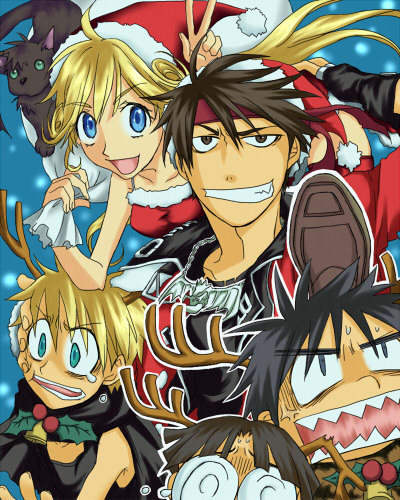 black_hair, blonde_hair, blue_eyes, christmas, cleo_everlastin, dortin, hat, headband