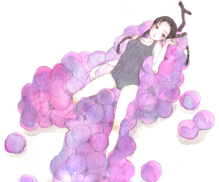braid, brown_eyes, brown_hair, food, fruit, grapes, long_hair, lying