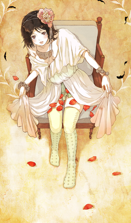 1girl, armchair, bad_id, bracelet, brown_eyes, brown_hair, chair, dress