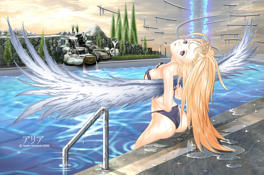 1girl, angel, ass, bikini, blonde_hair, copyright_request, covering, covering_breasts