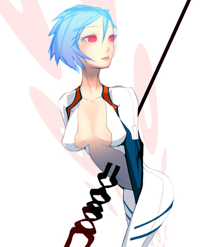 1girl, ayanami_rei, blue_hair, breasts, cleavage, dskb, lance, lance_of_longinus