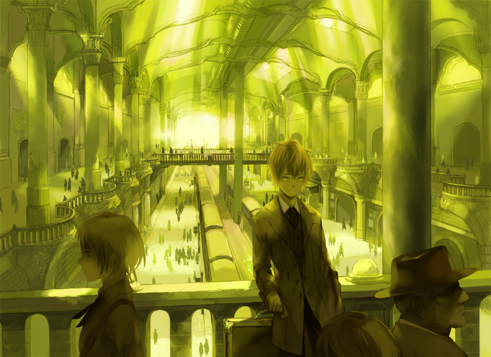 1boy, 1girl, bad_id, green, indoors, jimu_kaji, kajimiya_(kaji), light_rays