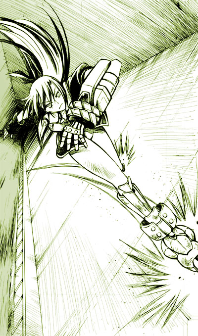 1girl, blitz_caliber, dutch_angle, ginga_nakajima, inline_skates, lyrical_nanoha, magical_girl, mahou_shoujo_lyrical_nanoha