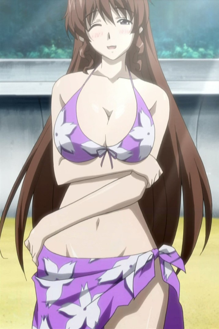 1girl, arisaka_hatsune, beach, bikini, blush, breasts, brown_hair, cleavage